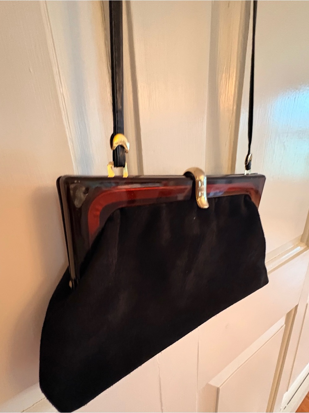 Vintage 1960s Italian Suede Clutch Bag Tortoiseshell Lucite Frame Made in Italy - Picture 3 of 6